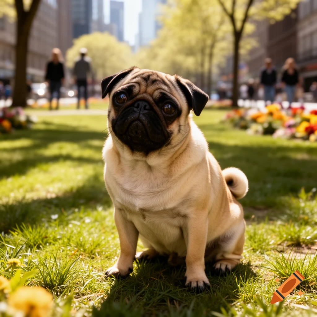 A photorealistic fawn pug sits on green grass, looking at the camera, in a sunny city park with blurred background elements.