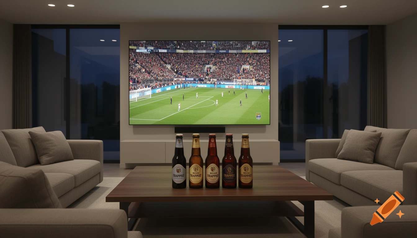 A modern living room with a large TV displaying a soccer match, and five bottles of Trappist beer on a coffee table.
