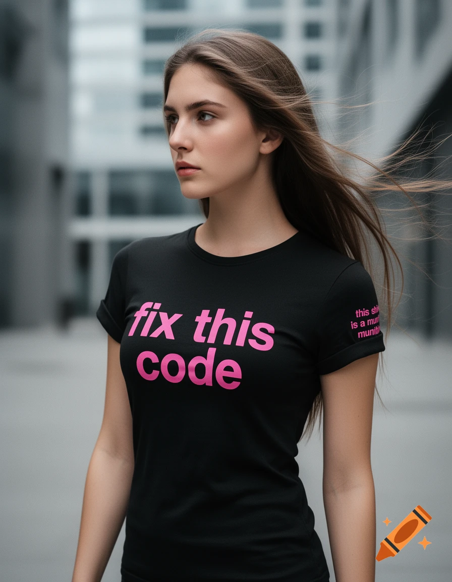 A photorealistic shot of a young woman with windswept hair wearing a black t-shirt with pink text reading "fix this code" on the front and "this shirt is a munition" on the sleeve, standing outdoors in a city setting.
