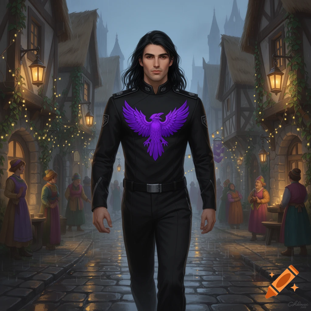 A man with long black hair in a black military uniform with a purple raven symbol walks through a fantasy village at dusk.
