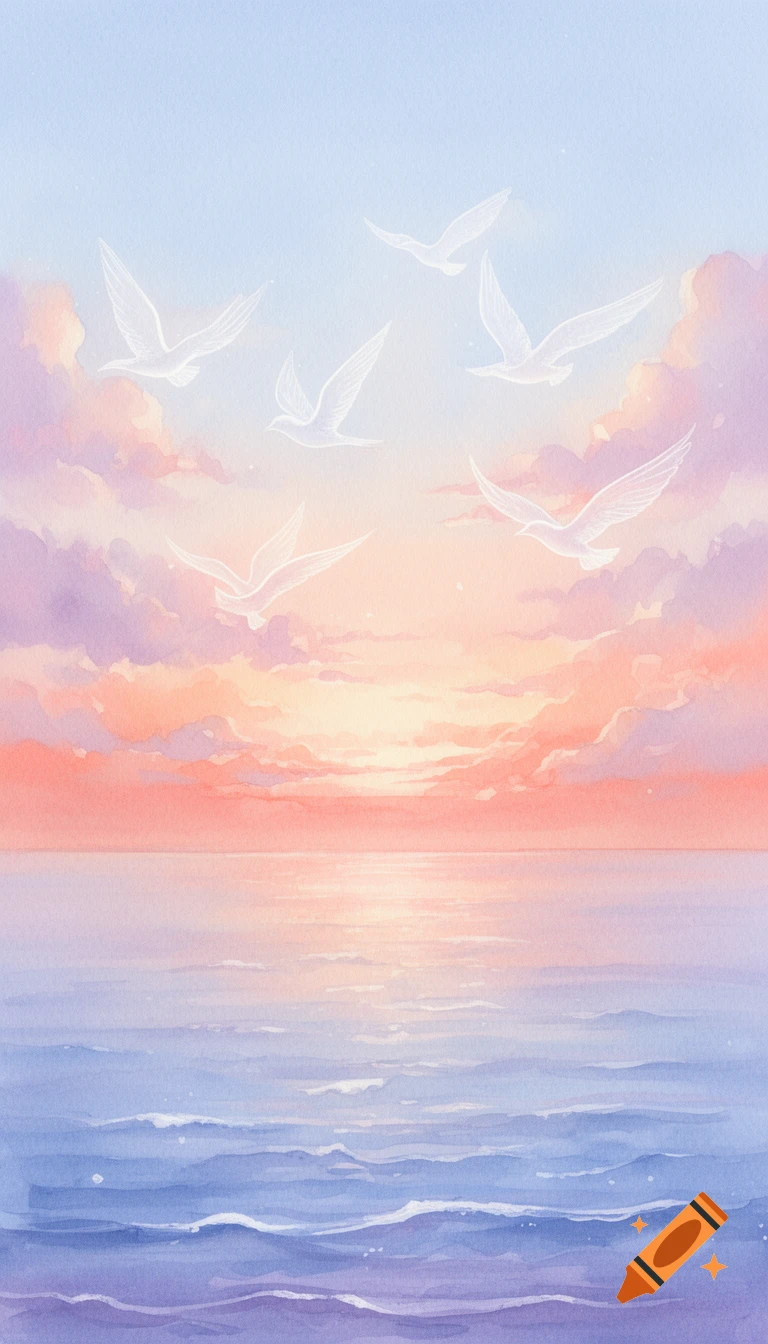 A watercolor painting of a dreamy pastel sunset over a calm ocean, with faint white birds flying above pink and orange clouds.