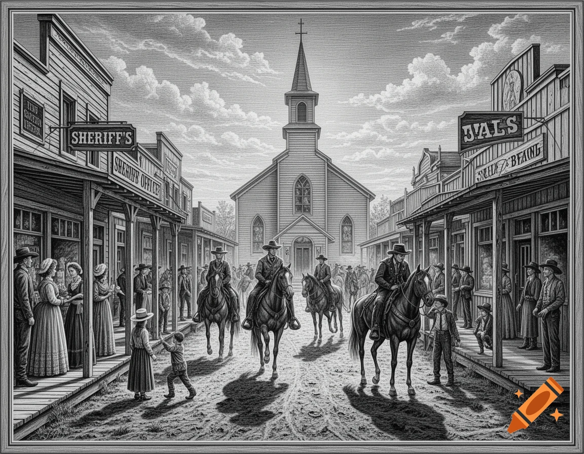 Detailed grayscale drawing of a bustling old western town scene with cowboys on horseback, people on boardwalks, stores, and a central church under a cloudy sky.