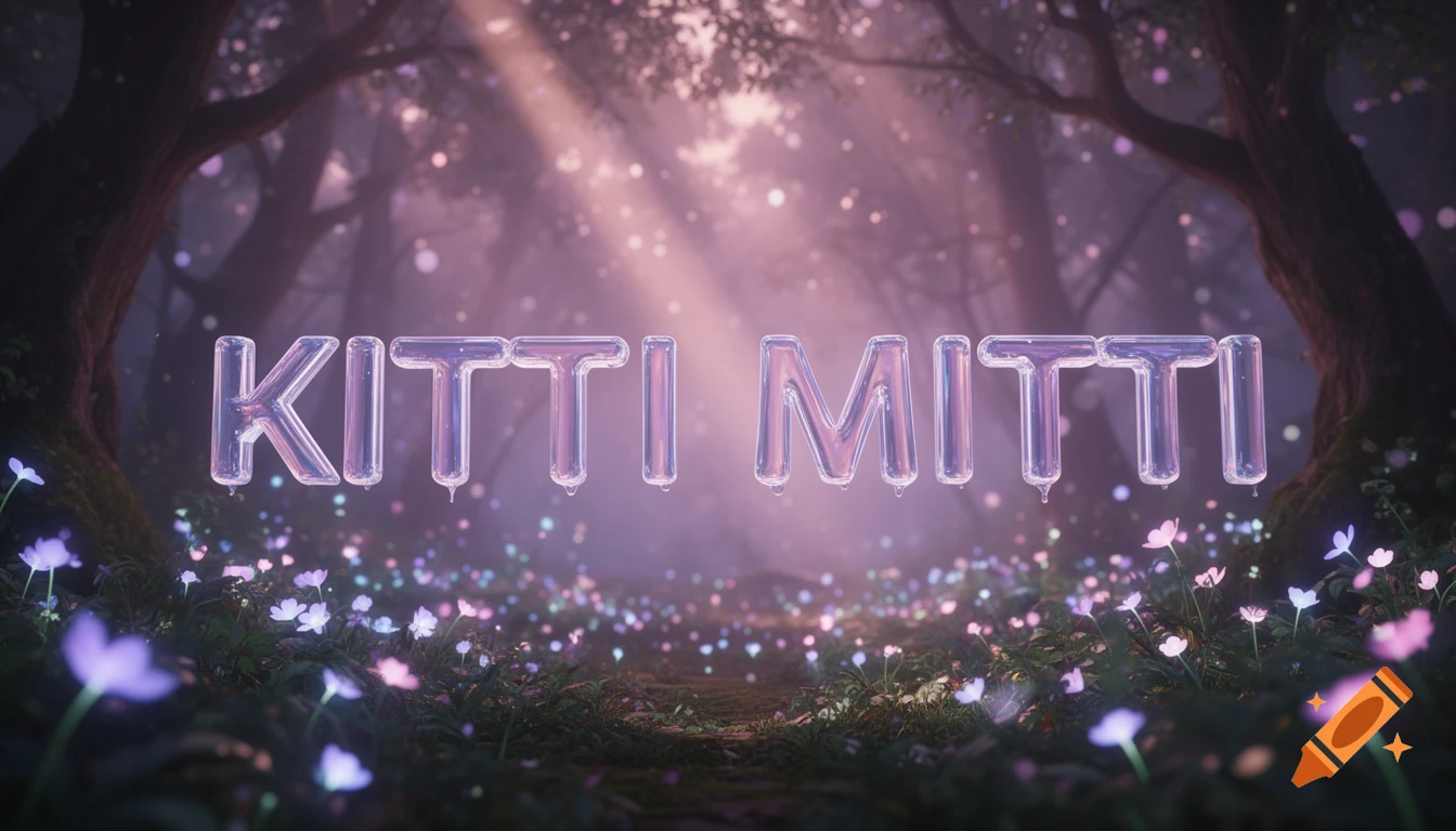 The words "KITTI MITTI" in iridescent liquid glass float above glowing bioluminescent flowers in a dreamy, ethereal enchanted forest.
