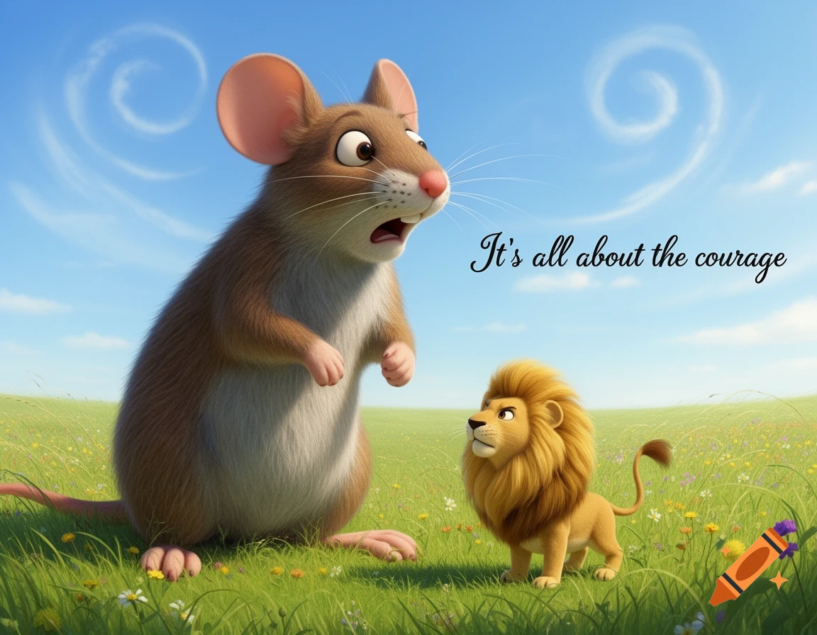 A giant frightened cartoon mouse looks at a tiny calm lion in a sunny grassy field, with 'It's all about the courage' written in the blue sky.