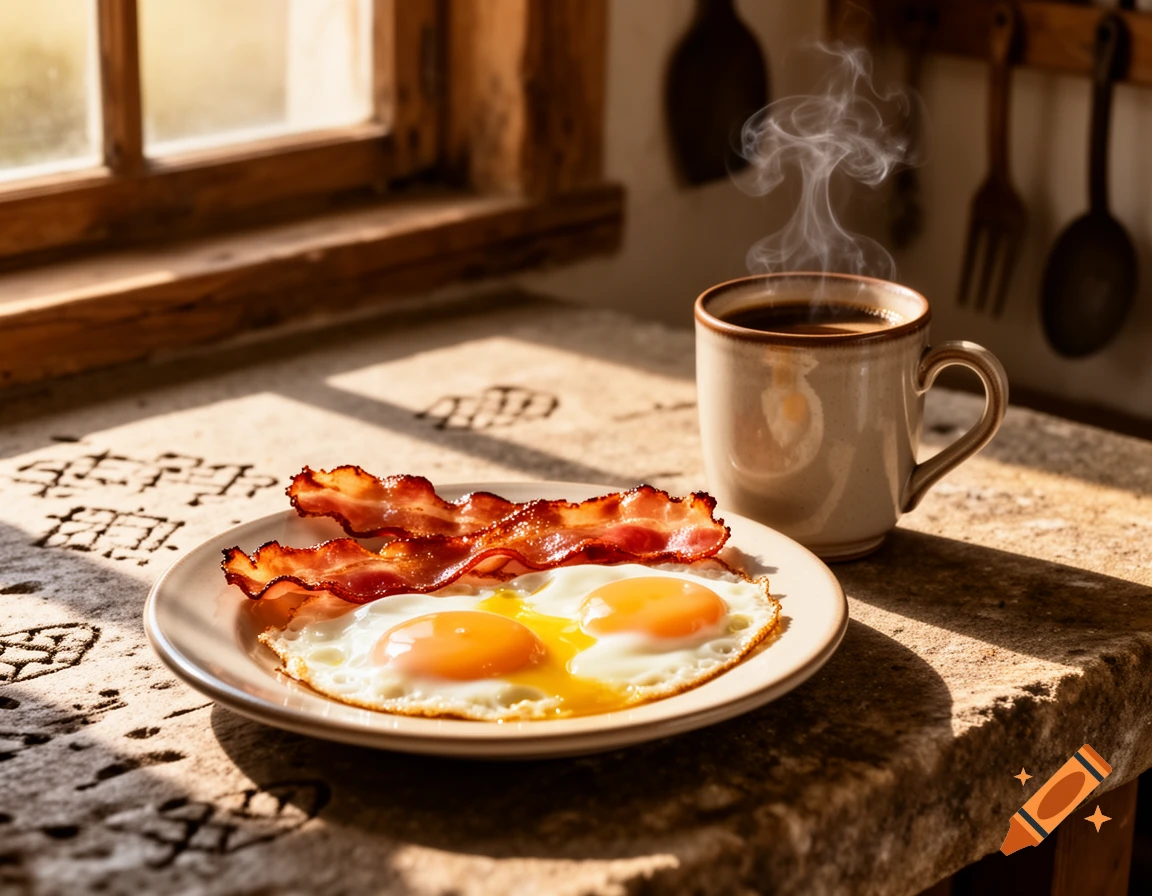 A photorealistic image of a plate with fried eggs and crispy bacon next to a steaming mug of coffee on a sunlit stone table.