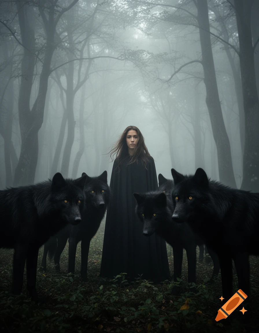 A woman in a black cape stands among black wolves with glowing yellow eyes in a misty, dark forest.