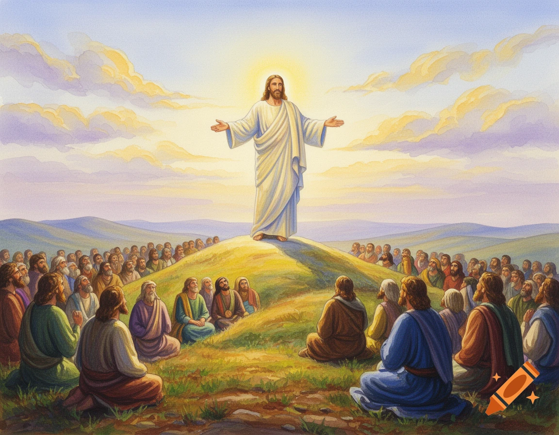 Jesus preaches to a large crowd on a grassy hill under a pastel sky in a gouache painting.