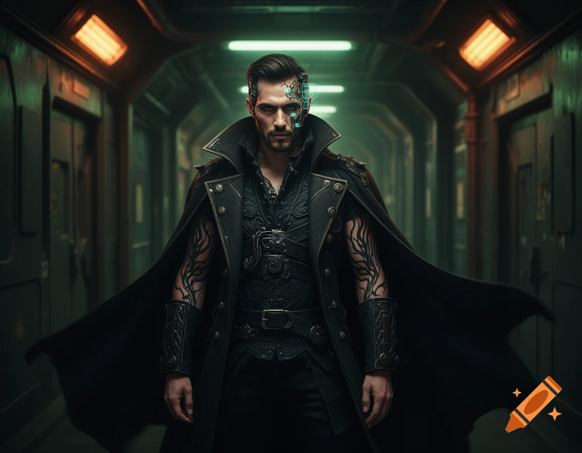 A dark cyberpunk man with facial implants and arm tattoos in a long coat stands in a futuristic corridor.
