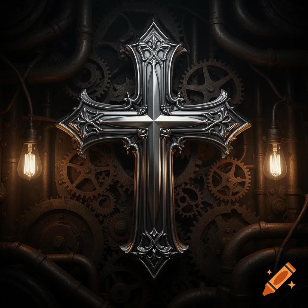 A shiny, ornate silver Christian cross centered against a dark steampunk background of gears, pipes, and glowing Edison bulbs.