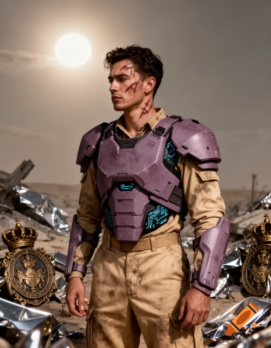 A man in tan fatigues and purple sci-fi armor with facial scars stands in a desolate landscape with royal emblems.