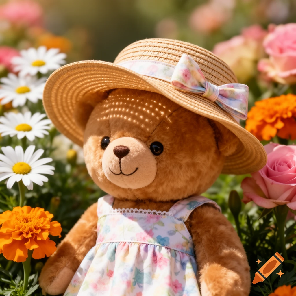 A cute brown teddy bear wearing a straw hat and floral summer dress among colorful daisies, marigolds, and roses in a sunny garden.