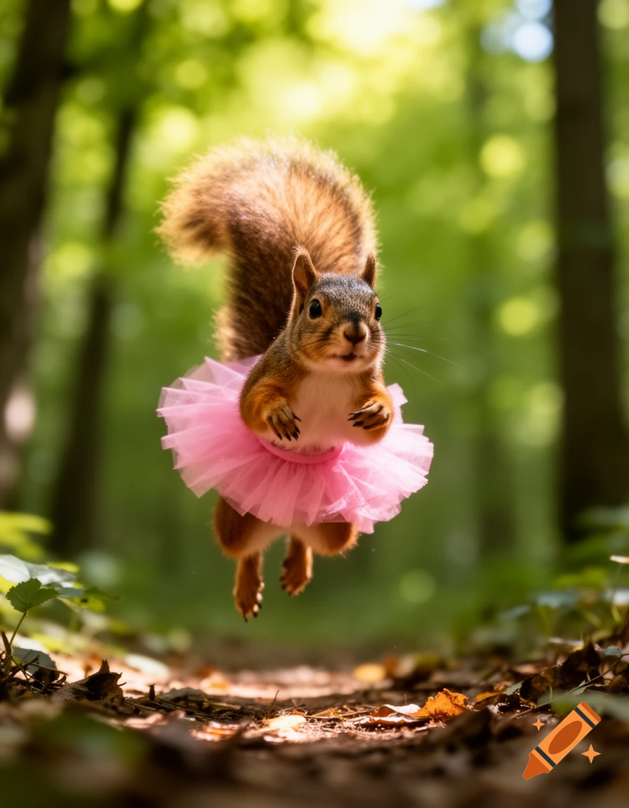 A squirrel wearing a pink tutu jumps playfully in a sunlit forest with green foliage.