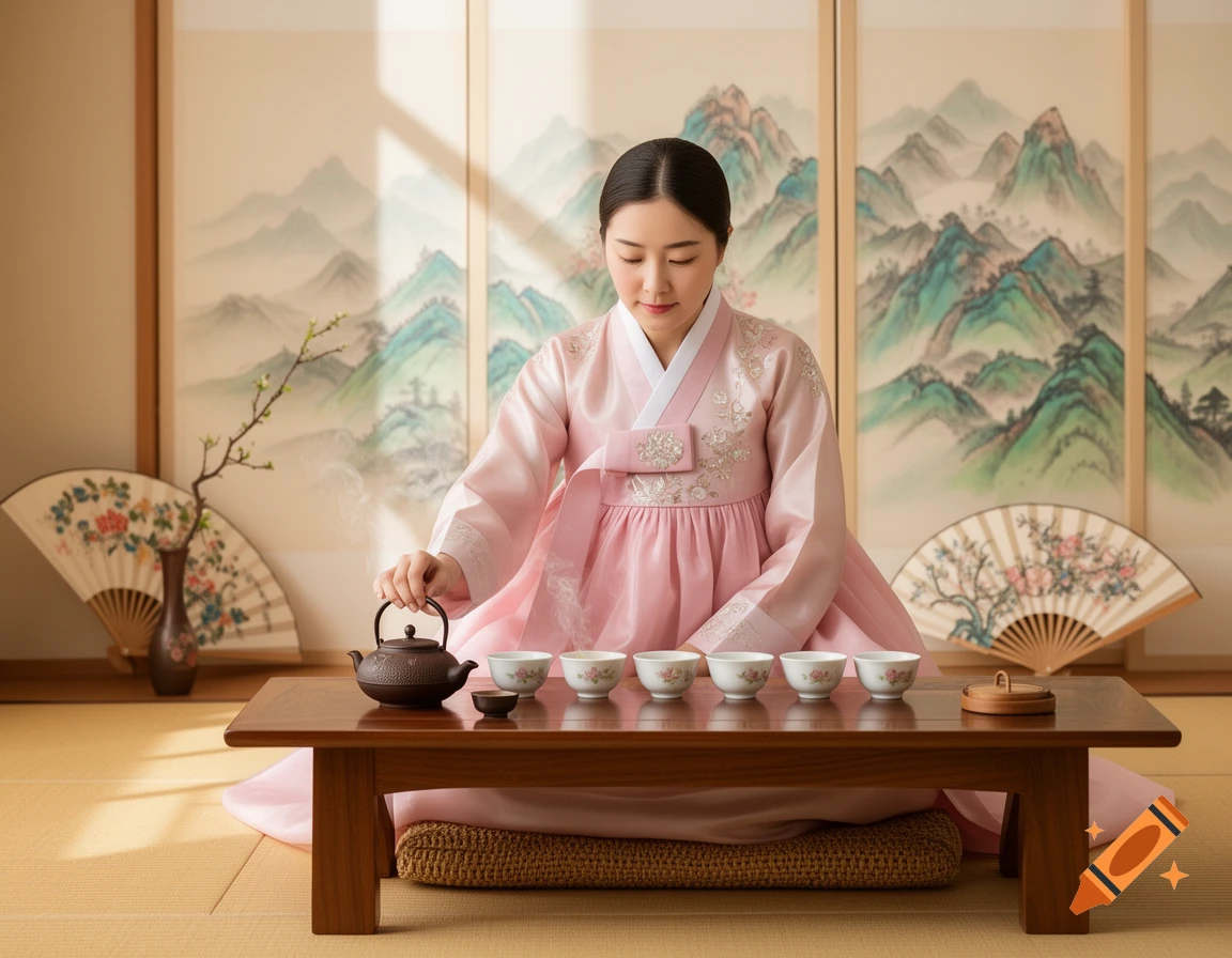 A woman in a pink hanbok performs a traditional Korean tea ceremony on a mat with mountain screens in the background.