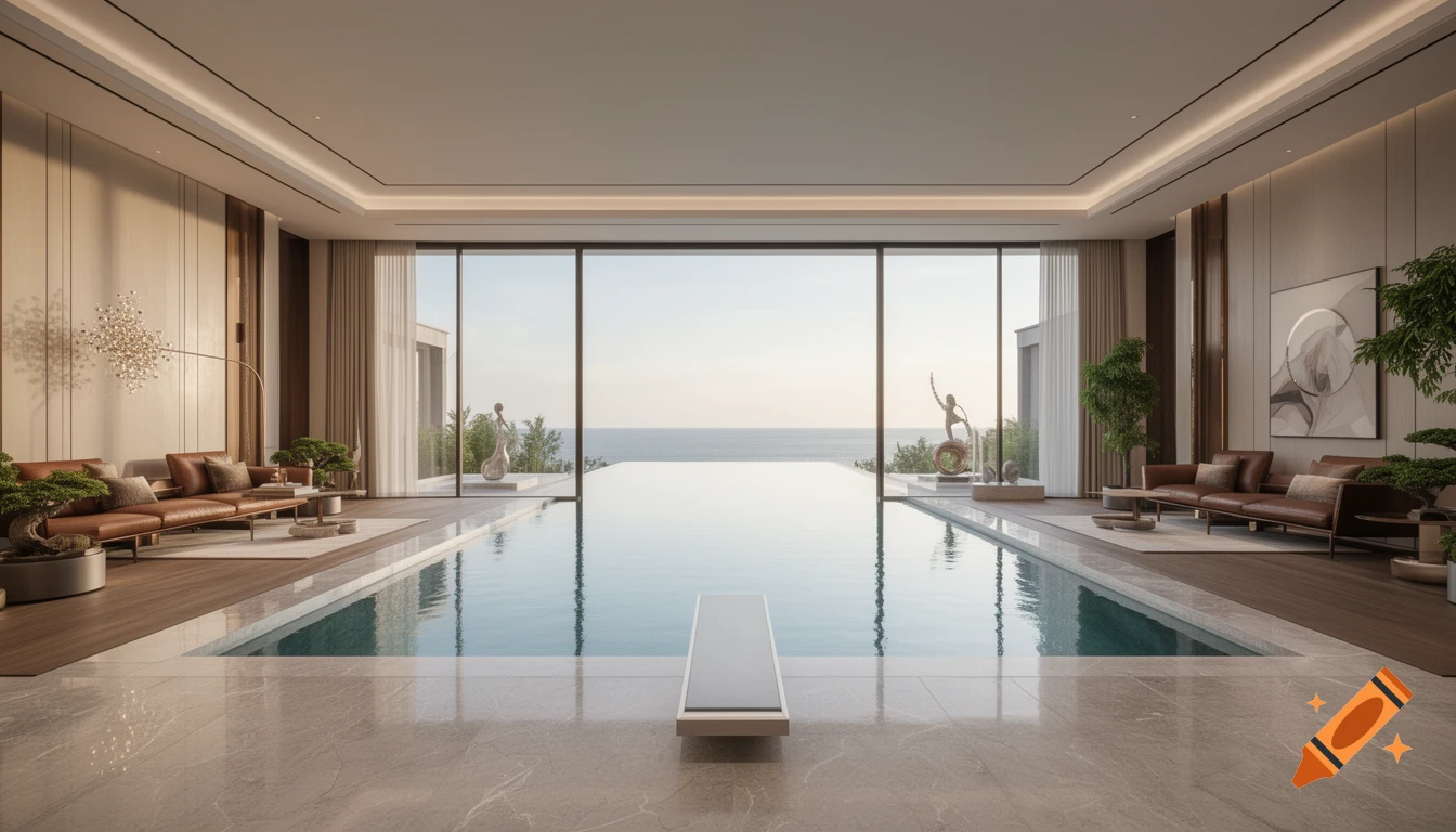 A luxurious indoor swimming pool with a diving board in a modern villa, featuring large glass windows overlooking the ocean.
