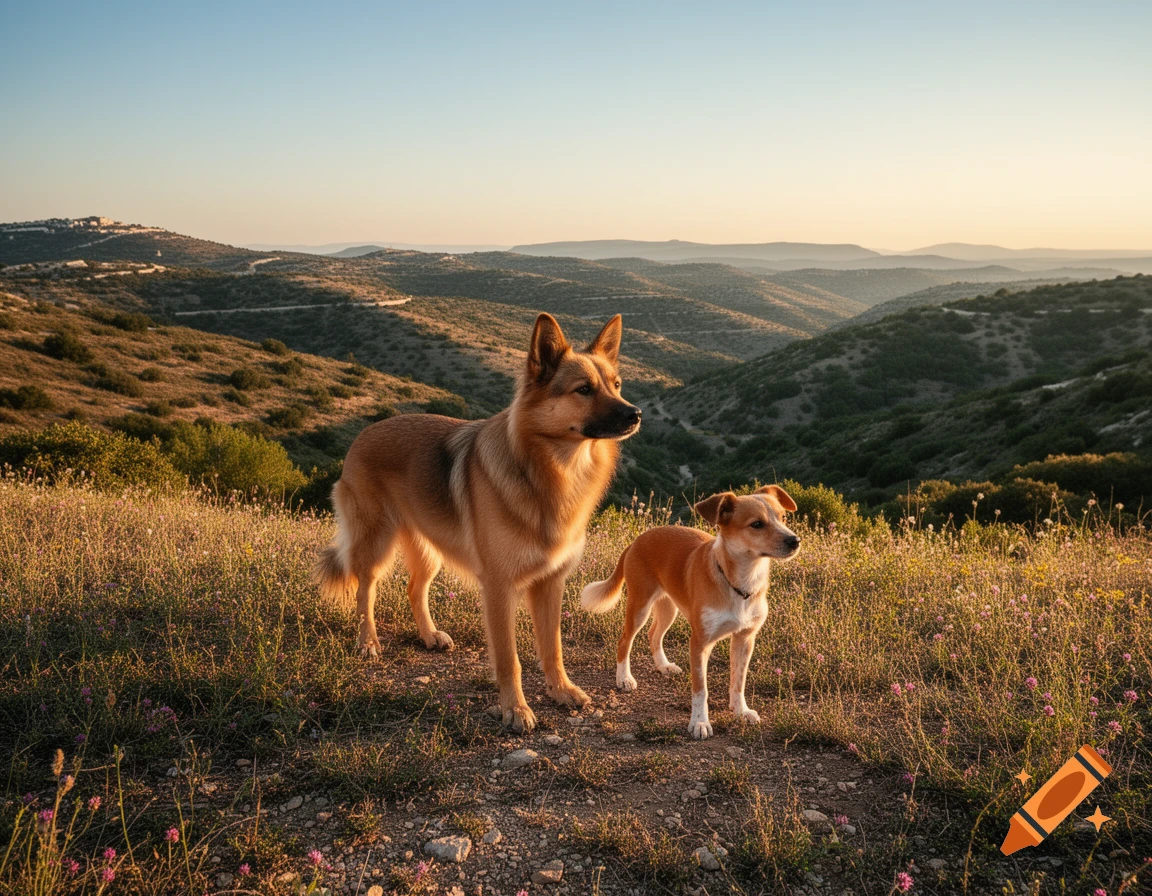 A large German Shepherd-like dog and a smaller brown dog stand on a grassy hill overlooking a valley at sunset.