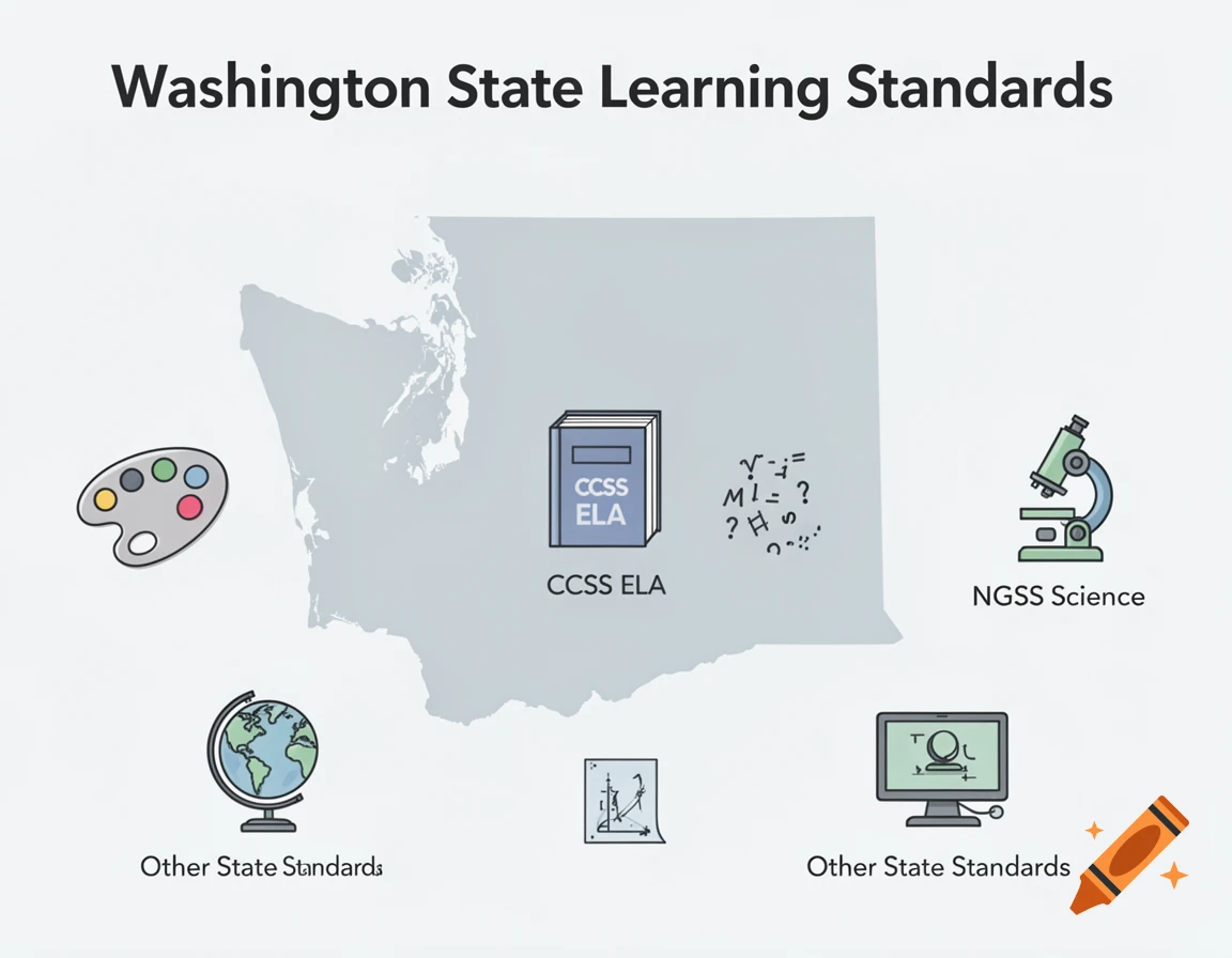 An educational infographic showing a silhouette map of Washington State with various learning standards represented by icons: CCSS ELA (book), math symbols, NGSS Science (microscope), and Other State Standards (art palette, globe, computer).