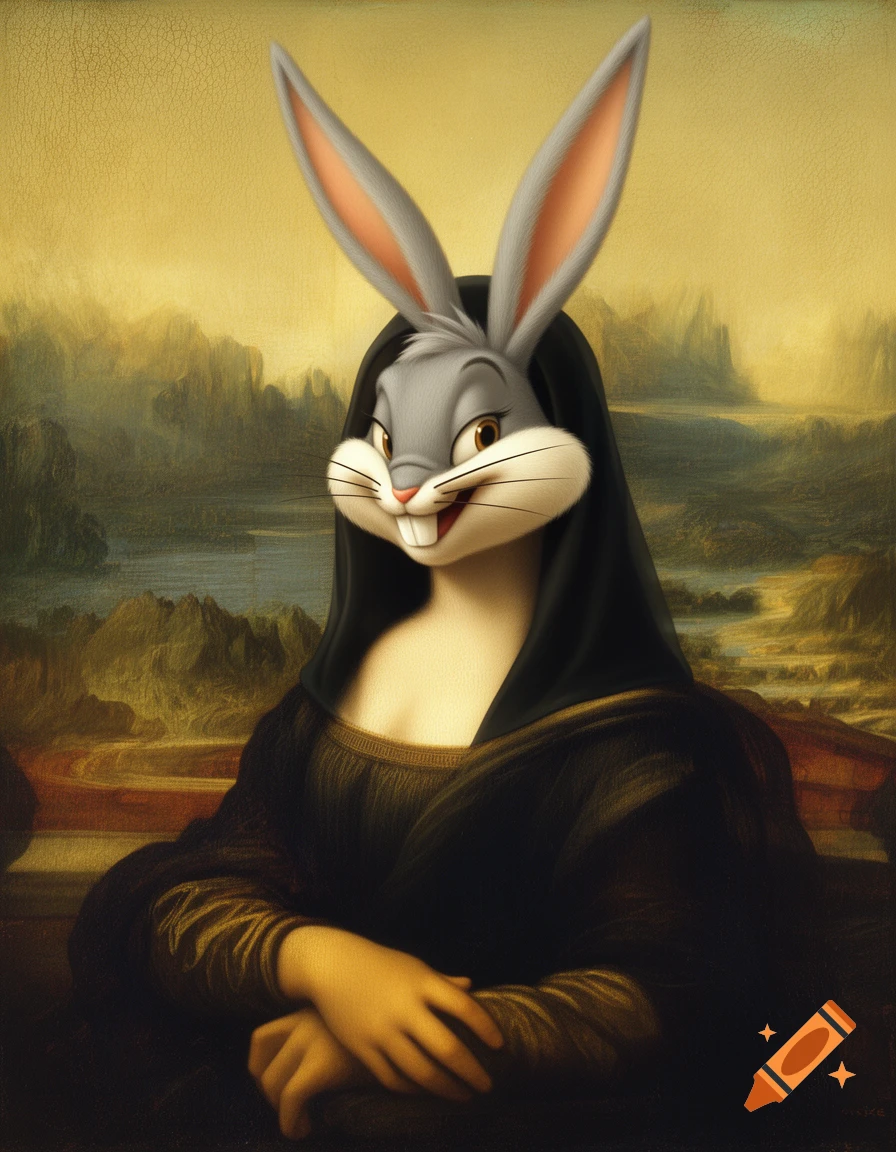 Bugs Bunny's head atop the Mona Lisa's body, rendered in a classical painting style.