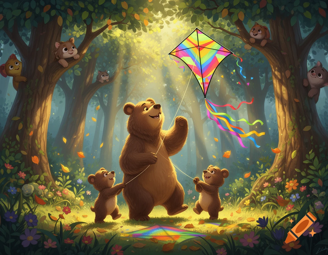 A happy big bear and two cubs play with a vibrant kite in a sunlit, animated forest filled with flowers.