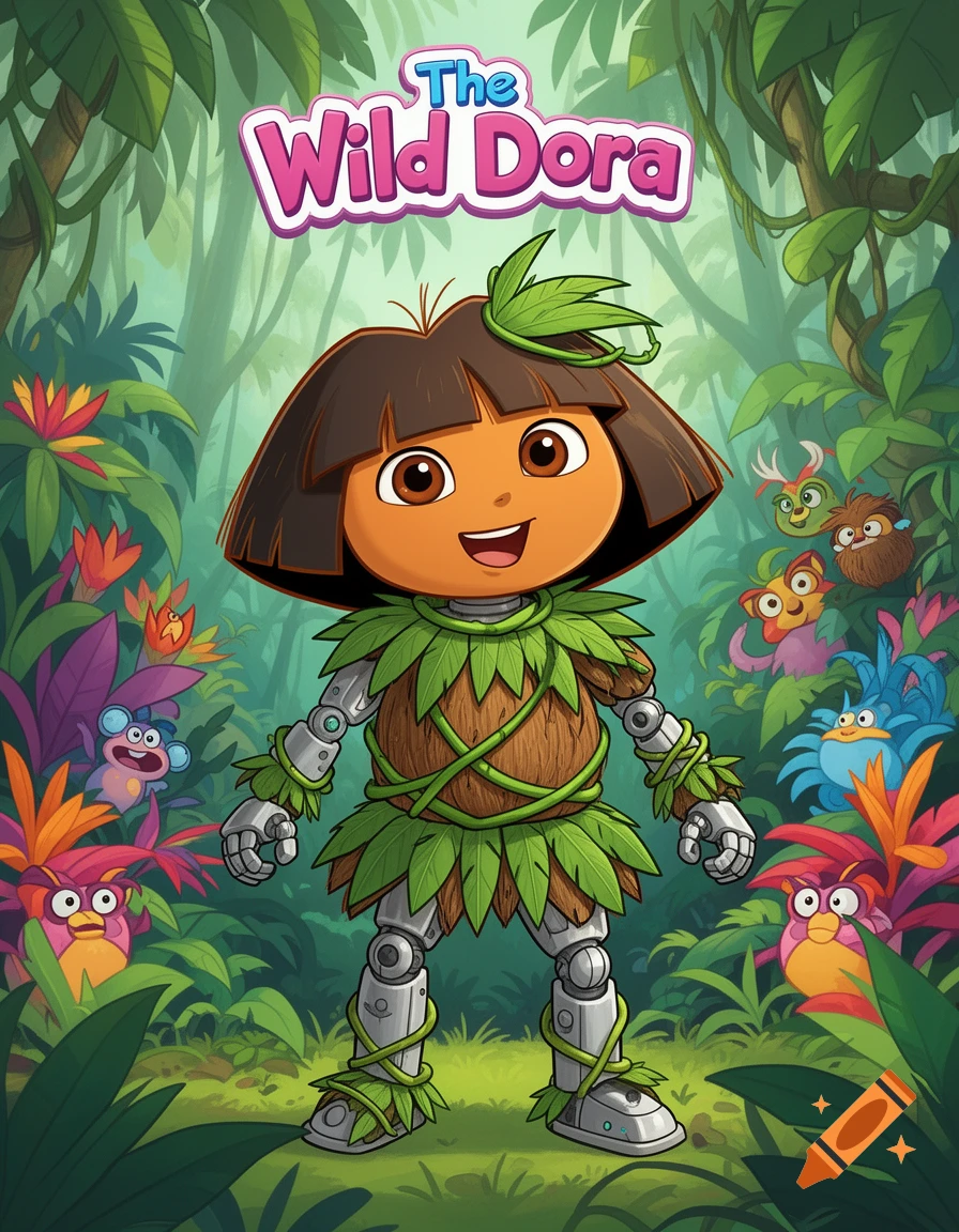 A cartoon Dora the Explorer with a robot body covered in leaves stands in a vibrant jungle with colorful creatures and the title 'The Wild Dora'.