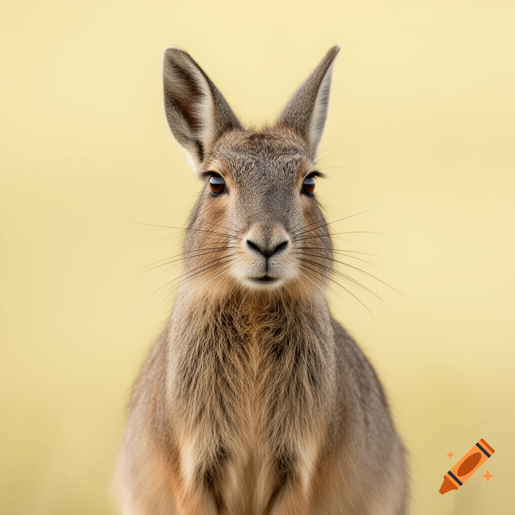 Close-up portrait of a Patagonian mara with brown fur and large ears, set against a soft yellow background.