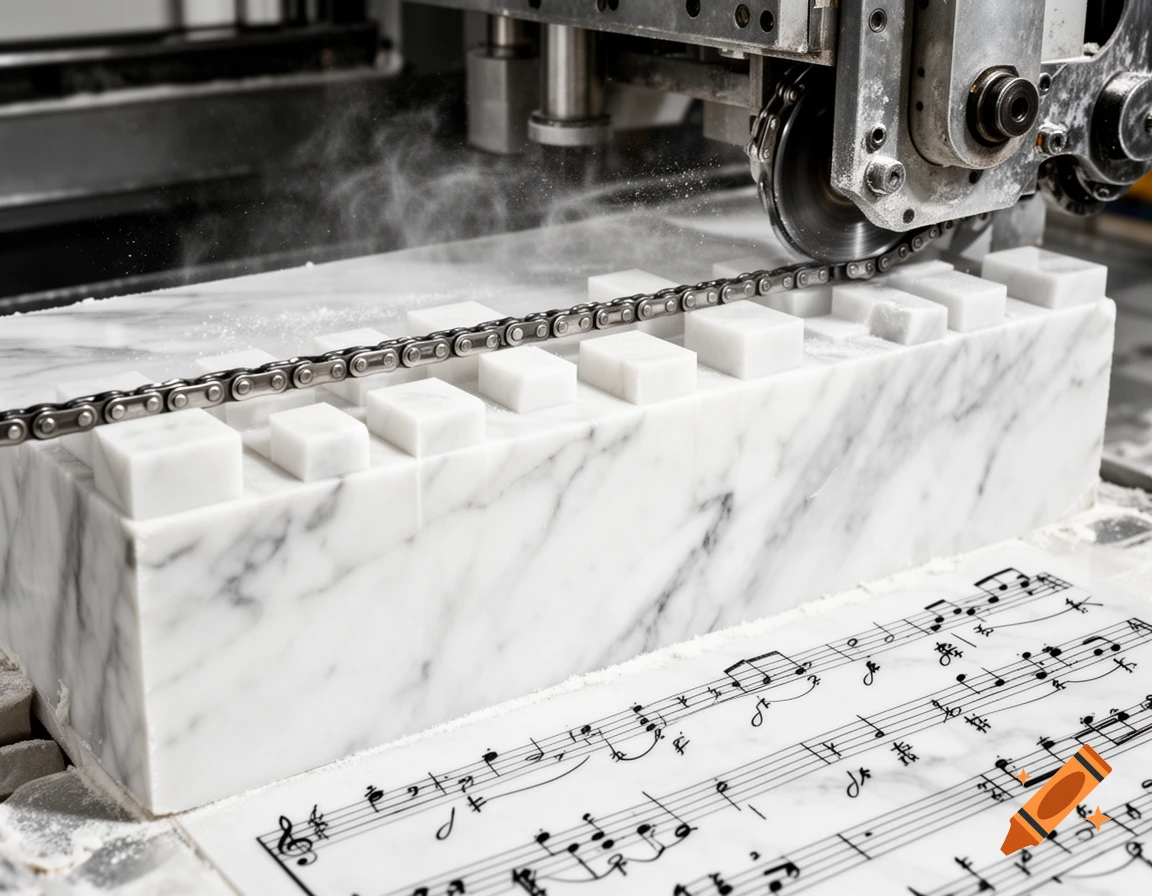 Diamond cutting chain slices a white marble block into small cubes, with a sheet of musical notes below.