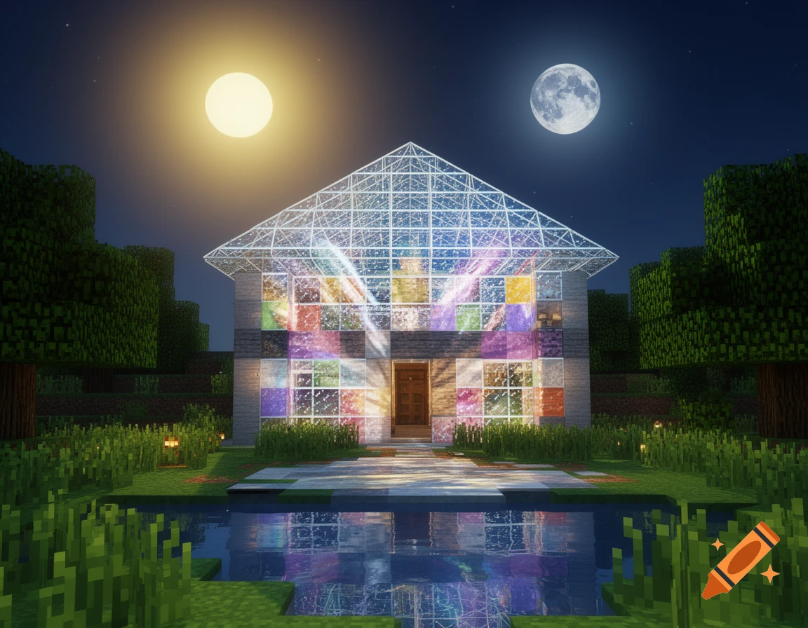 A stylized Minecraft house with a clear glass roof under a night sky with a bright sun and full moon. The house reflects in a pond.