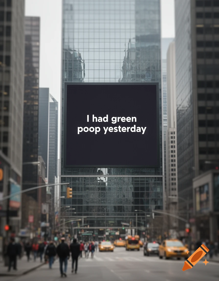 A city street with a billboard on a tall glass building displaying the text 'I had green poop yesterday'.