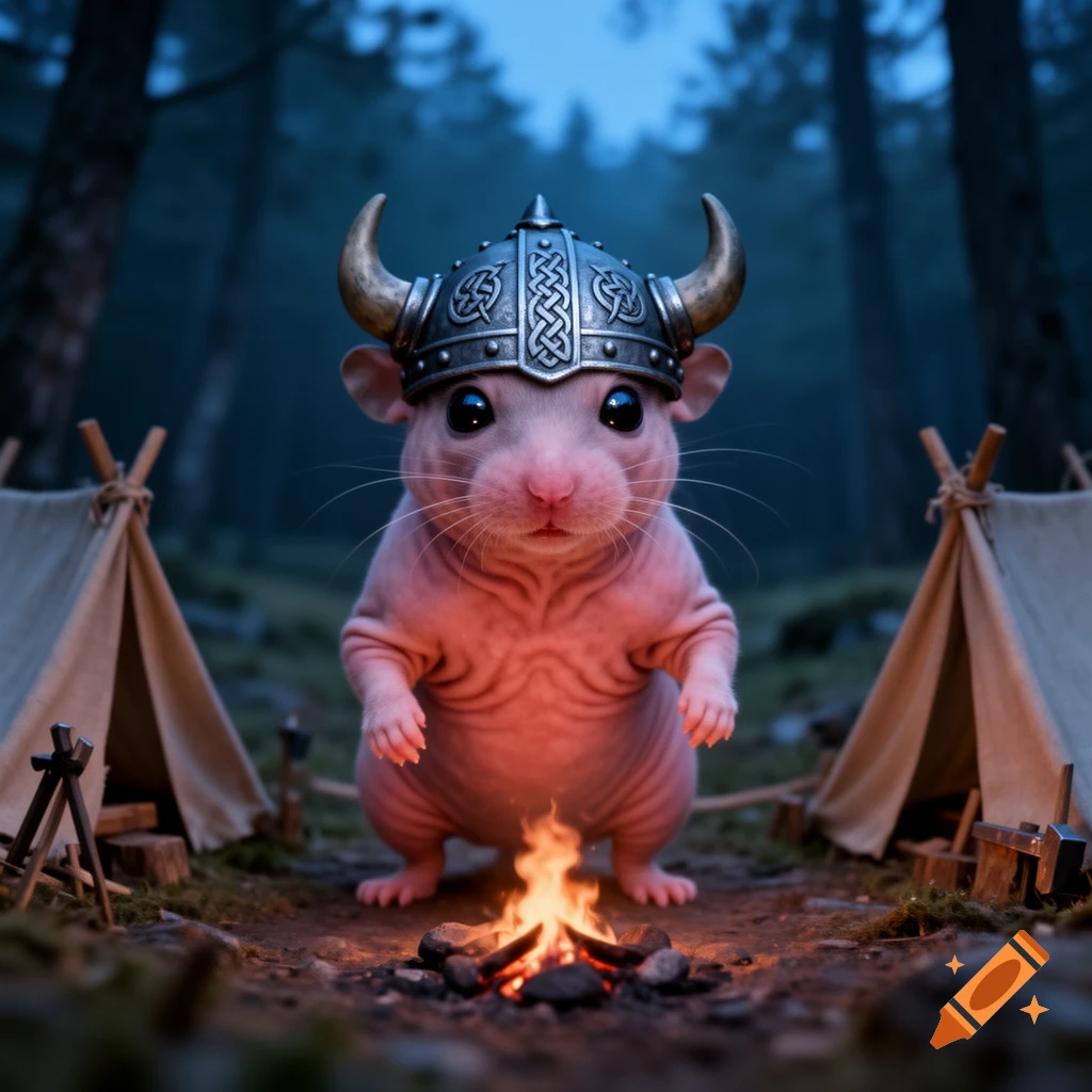 A cute hairless hamster wearing a detailed Viking helmet sits by a small campfire in a dark, misty forest with tents.