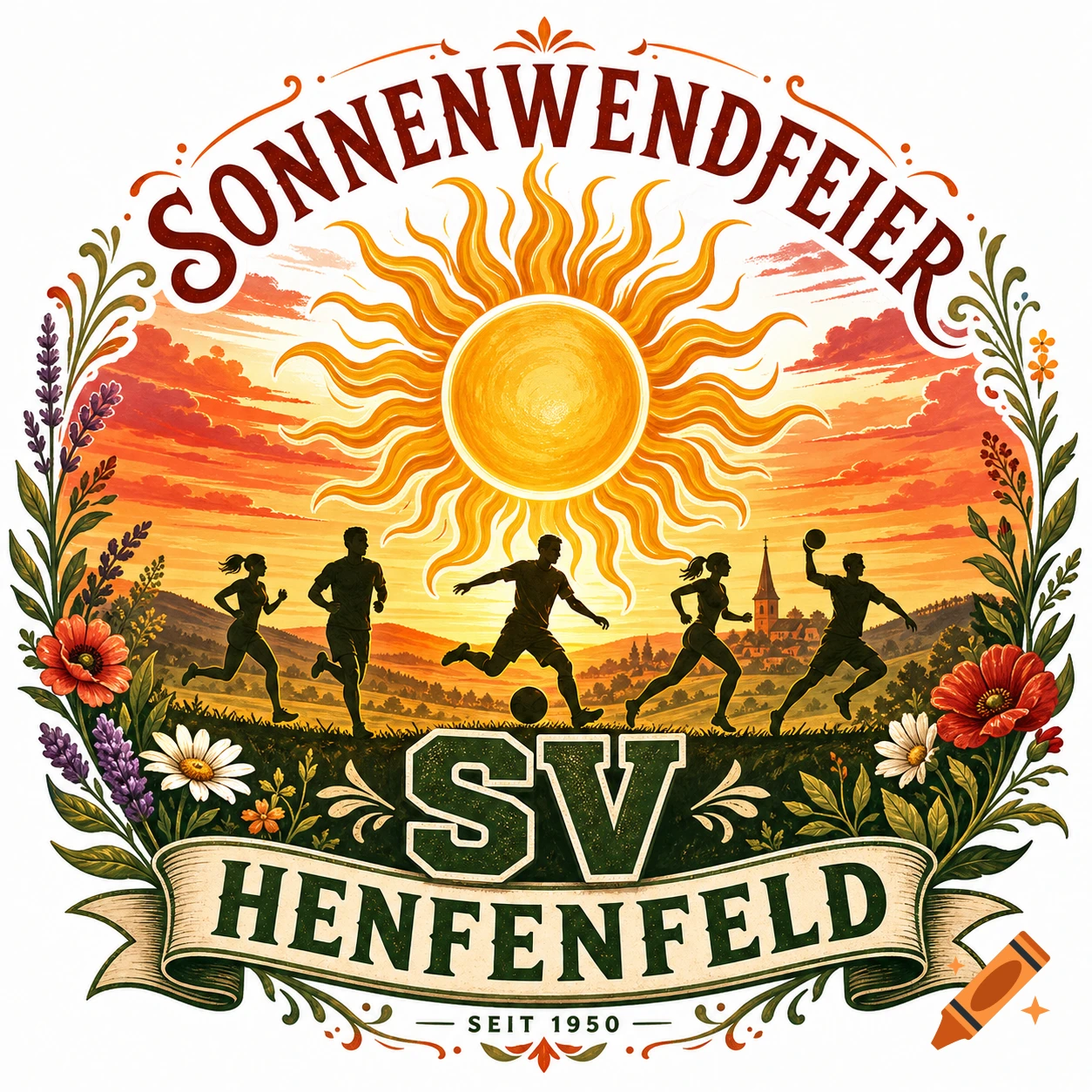 Stylized logo for 'Sonnenwendfeier SV Henfenfeld' featuring a sunset, people playing sports, and floral borders.