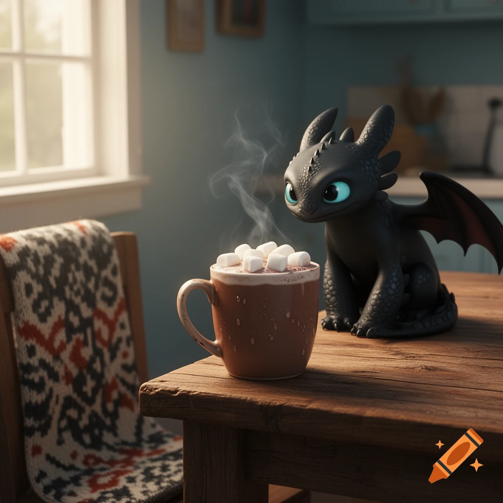 A cute black dragon character, Toothless, looks at a steaming mug of hot chocolate with marshmallows on a wooden table in a cozy room.