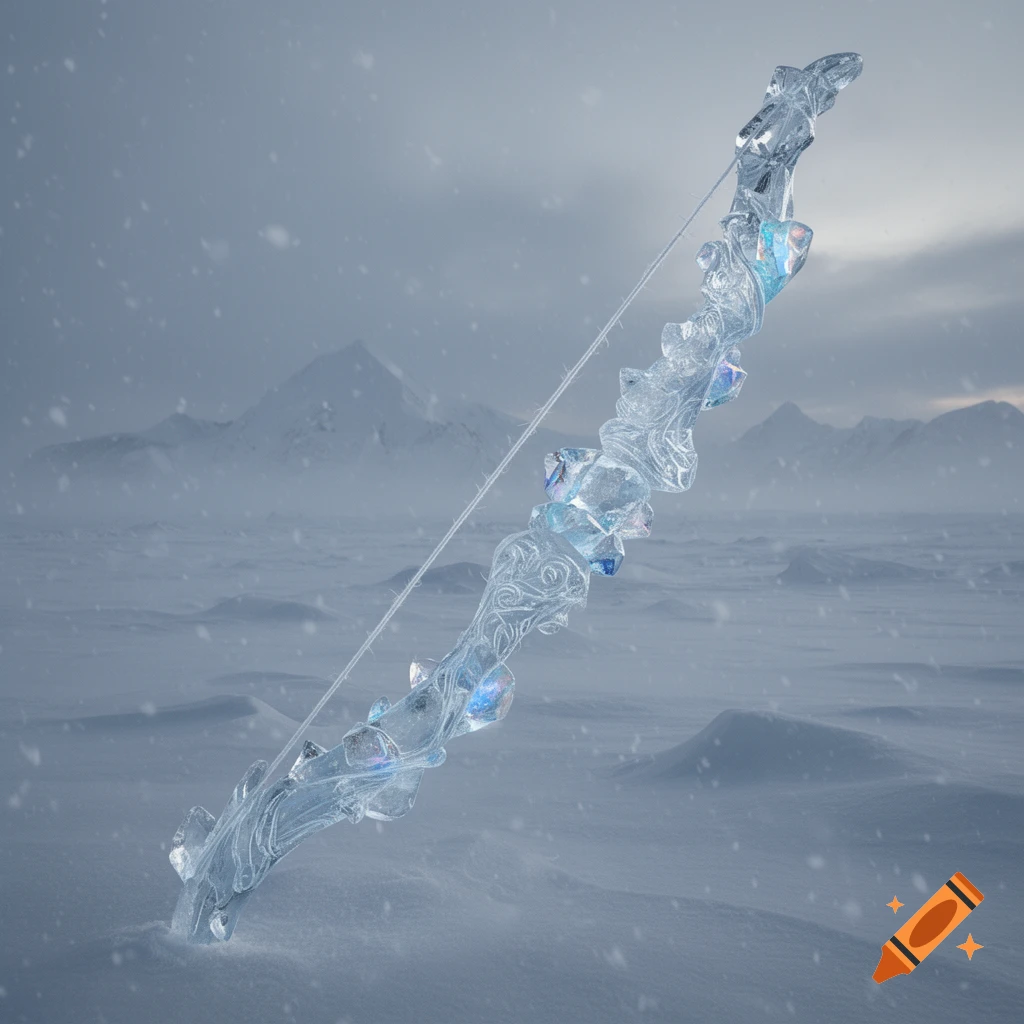 An ornate ice longbow with large ice chunks on its shaft stands in a vast snowy tundra with mountains and falling snow.
