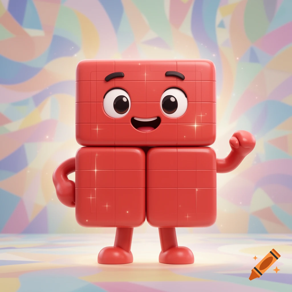 A happy red block character with big eyes and a smile, standing against a colorful, abstract background in a 3D cartoon style.