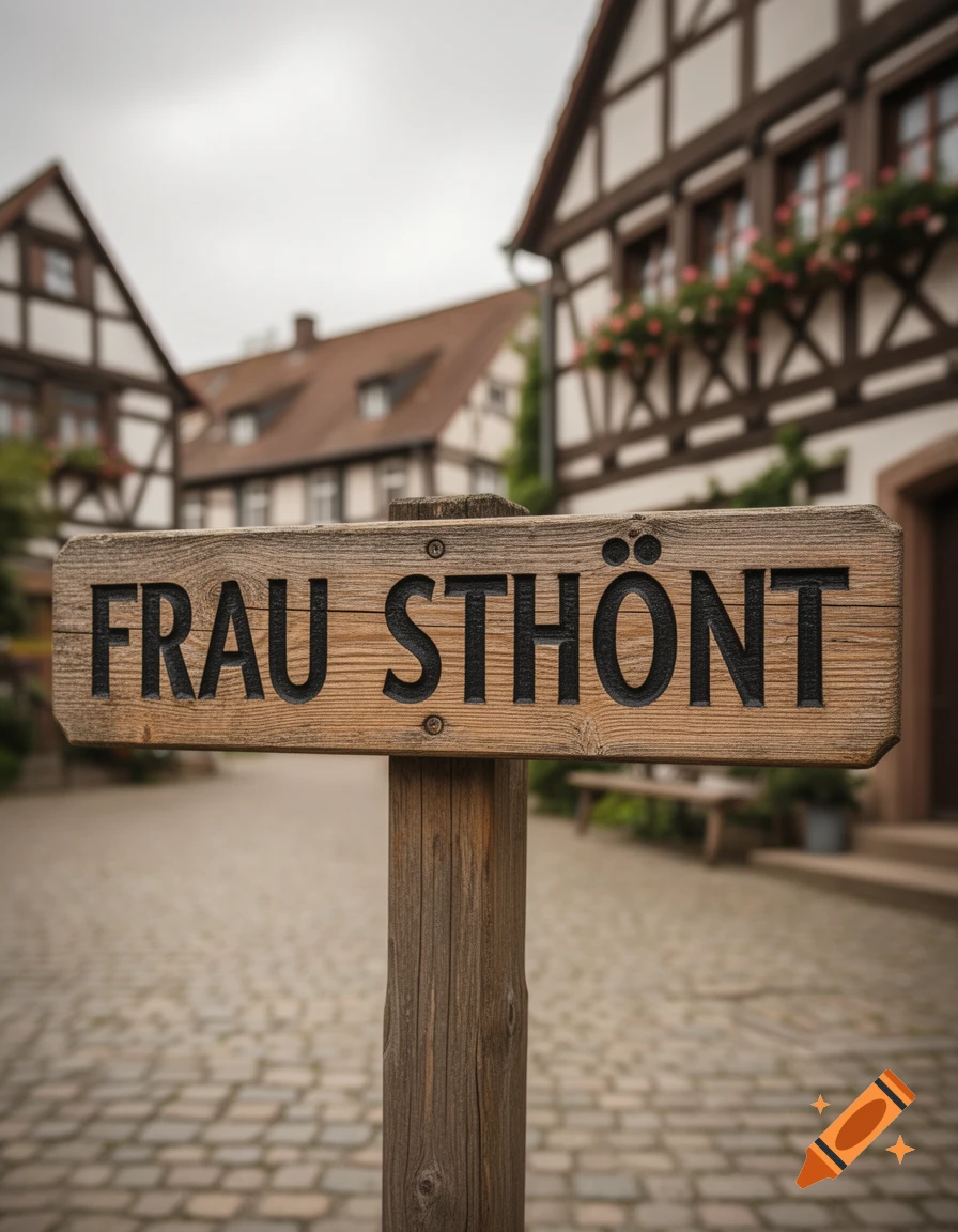 Wooden sign saying 'FRAU STHÖNT' in a cobblestone square, with traditional timber-framed buildings in the background.