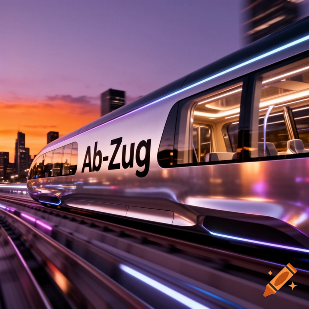 A sleek, silver futuristic train with glowing blue and purple accents speeds through a city at sunset, with 'Ab-Zug' written on its side.
