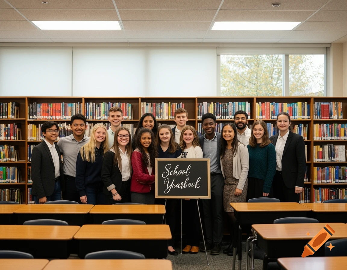 A diverse group of students standing in a library, posing with a chalkboard sign that reads 'School Yearbook', with desks in the foreground.