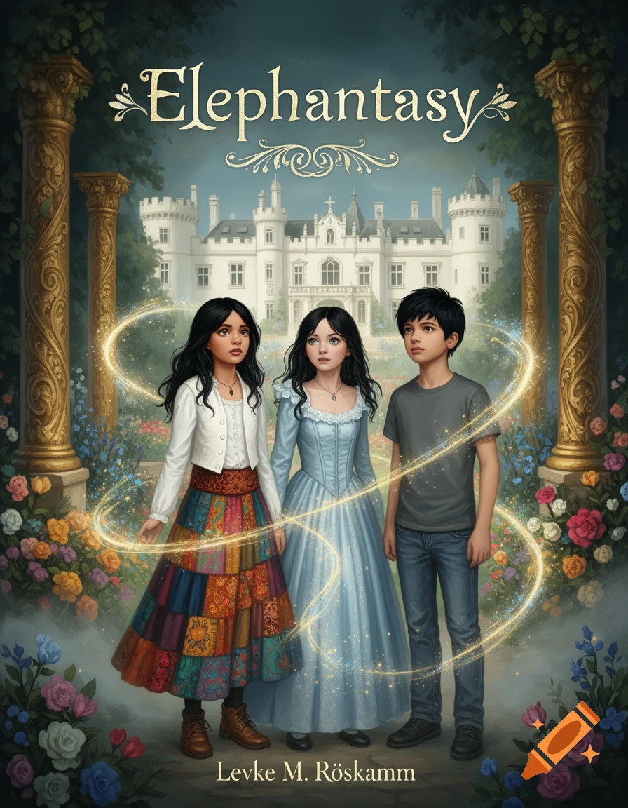 Fantasy illustration of three children in a magical garden with a castle background, book cover titled Elephantasy.