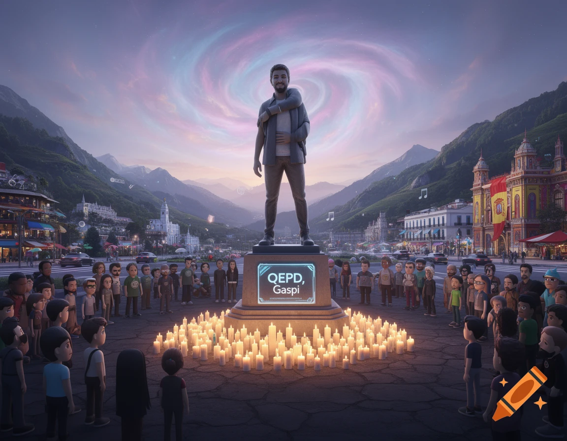 Stylized 3D rendering of a memorial for Gaspi, featuring a statue, many candles, and a crowd in a mountainous town at dusk.