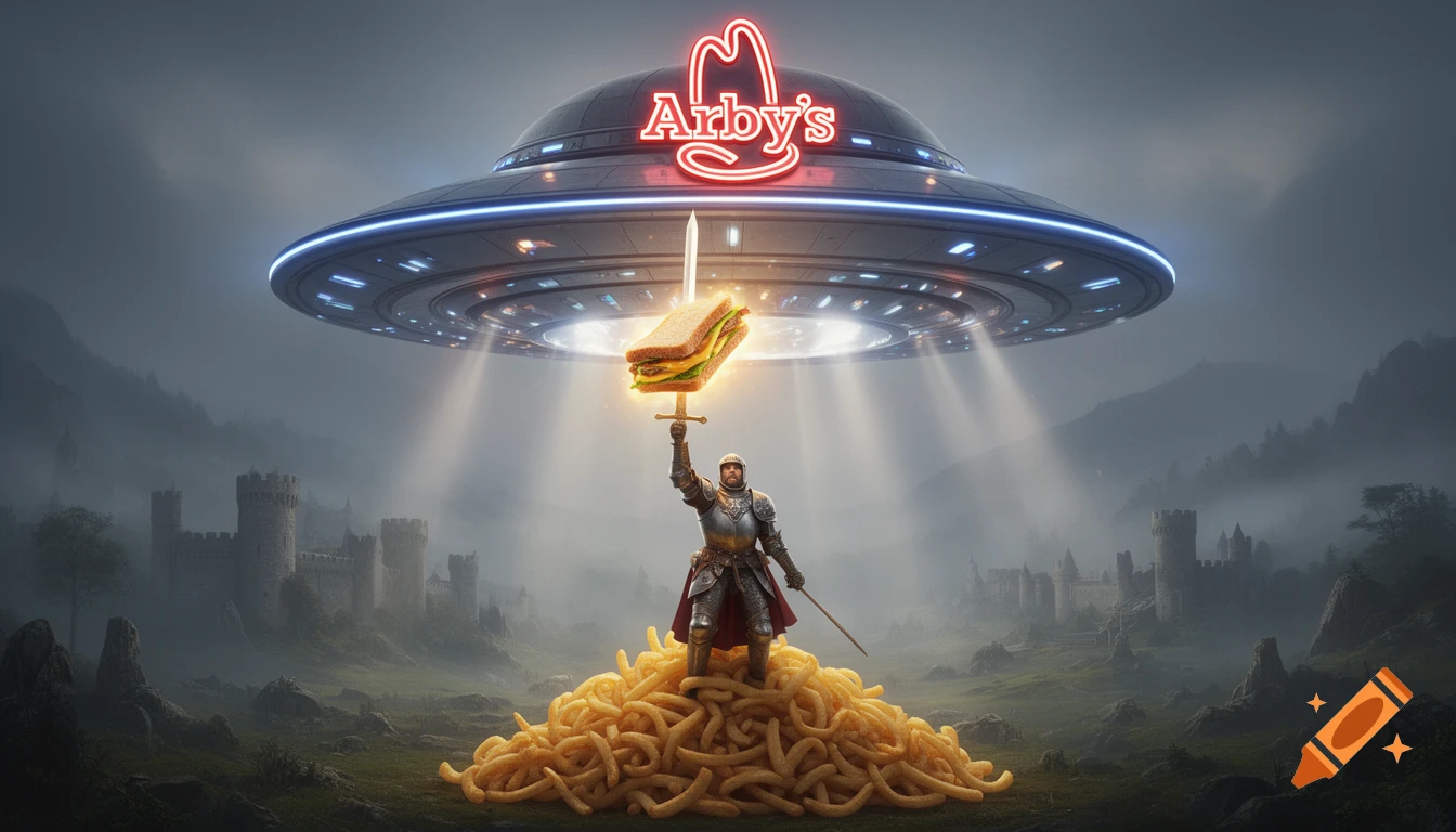 A knight on curly fries holds a glowing sandwich under an Arby's UFO in a misty medieval landscape.