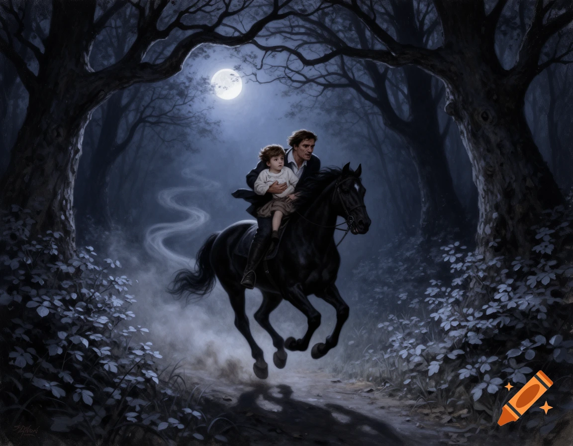 A man holds a child on a galloping black horse through a dark forest at night under a full moon, digital painting.