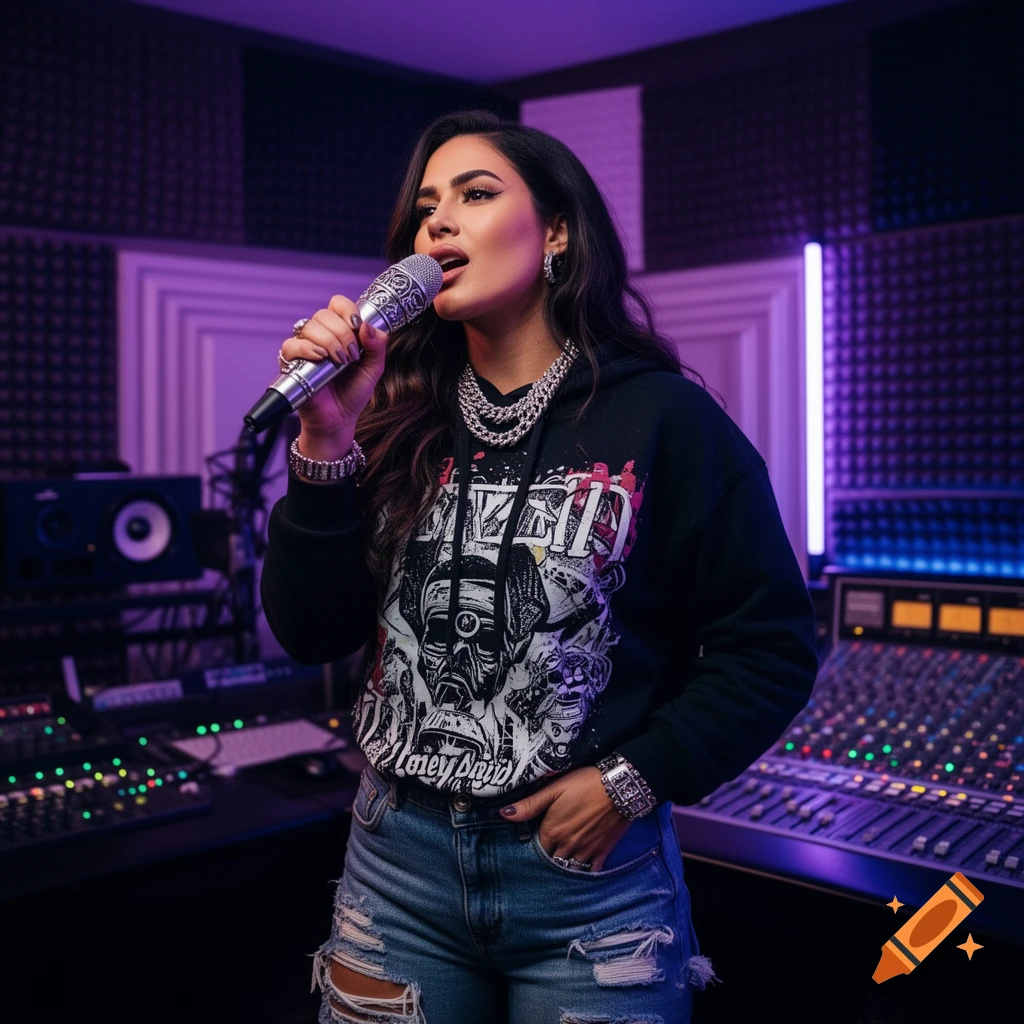 A woman in a black hoodie and ripped shorts sings into a microphone in a purple-lit recording studio with mixing consoles.