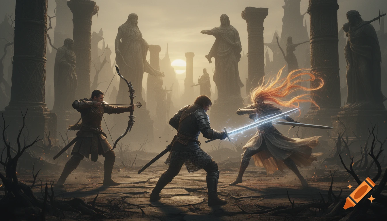 An archer and a knight battle a magic-wielding figure with flowing red hair in a desolate, ruined landscape with colossal statues and pillars.