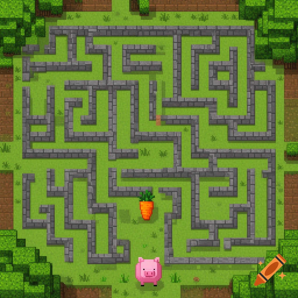 A top-down pixel art maze in the style of Minecraft, featuring a pink pig at the start and an orange carrot as the goal.