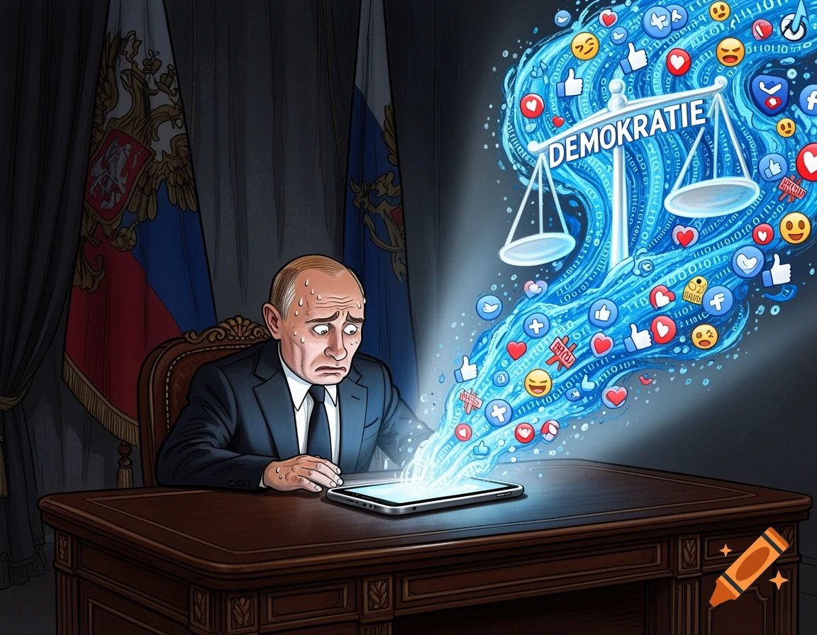 Stressed Putin watches a tablet radiating social media icons, binary code, and 'DEMOKRATIE' in a political caricature.