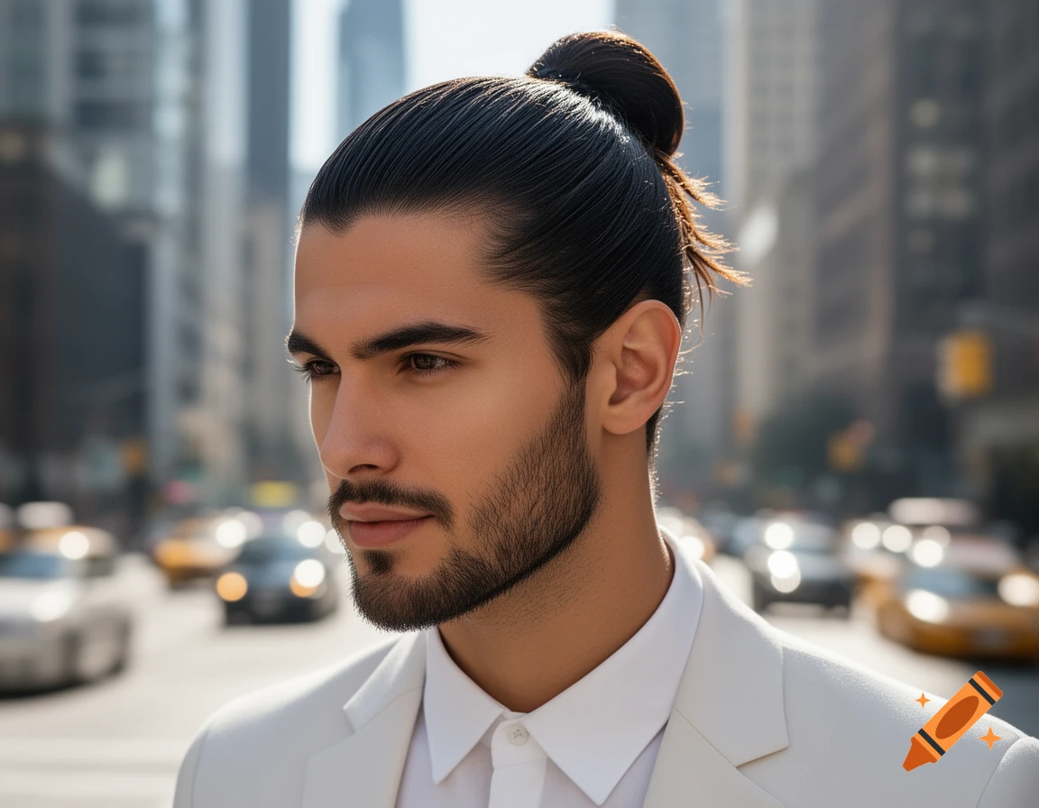 A stylish man with a man bun and beard, wearing a white suit, looking left on a sunny city street.