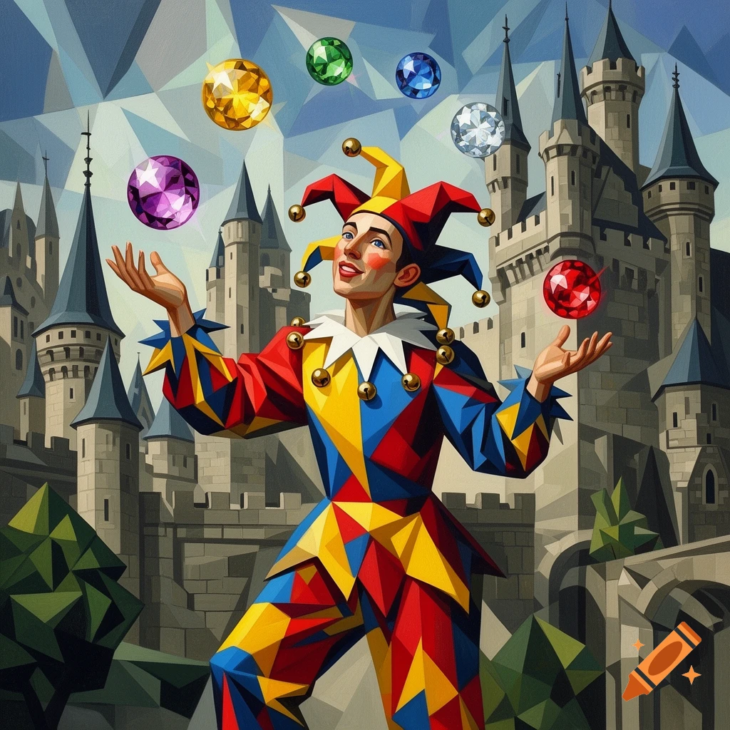 A cubism style painting of a jester in colorful attire juggling faceted gems in front of a large castle.