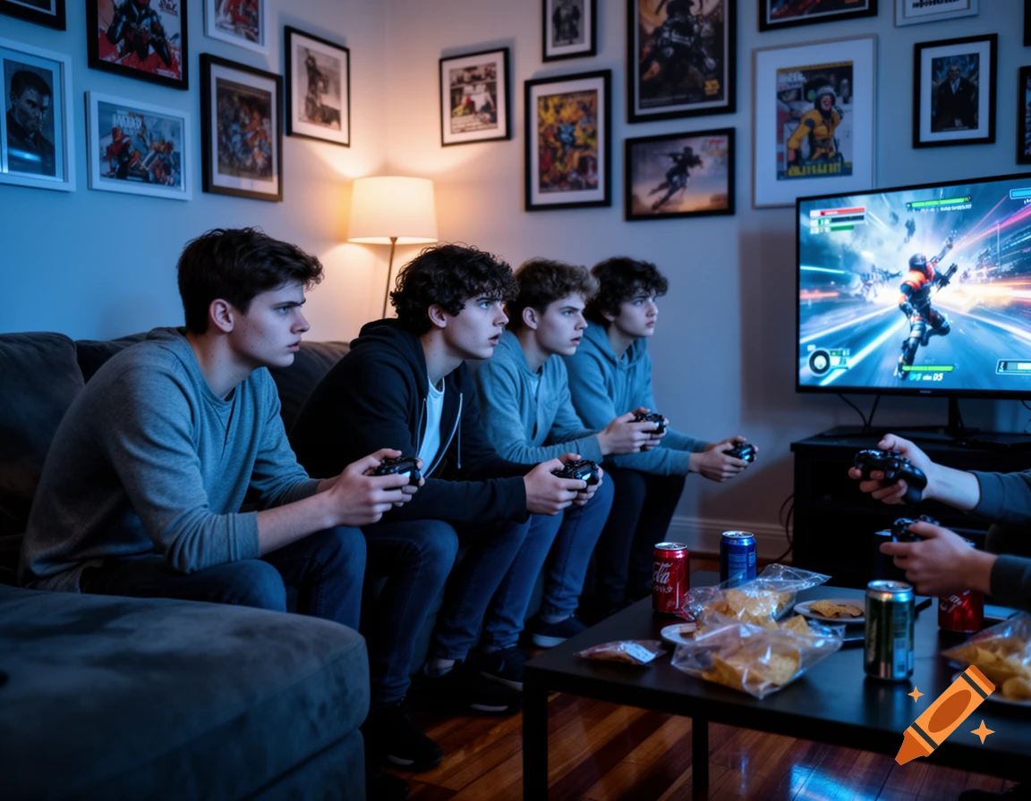 Four young men are intensely playing video games in a dimly lit living room with snacks and drinks.
