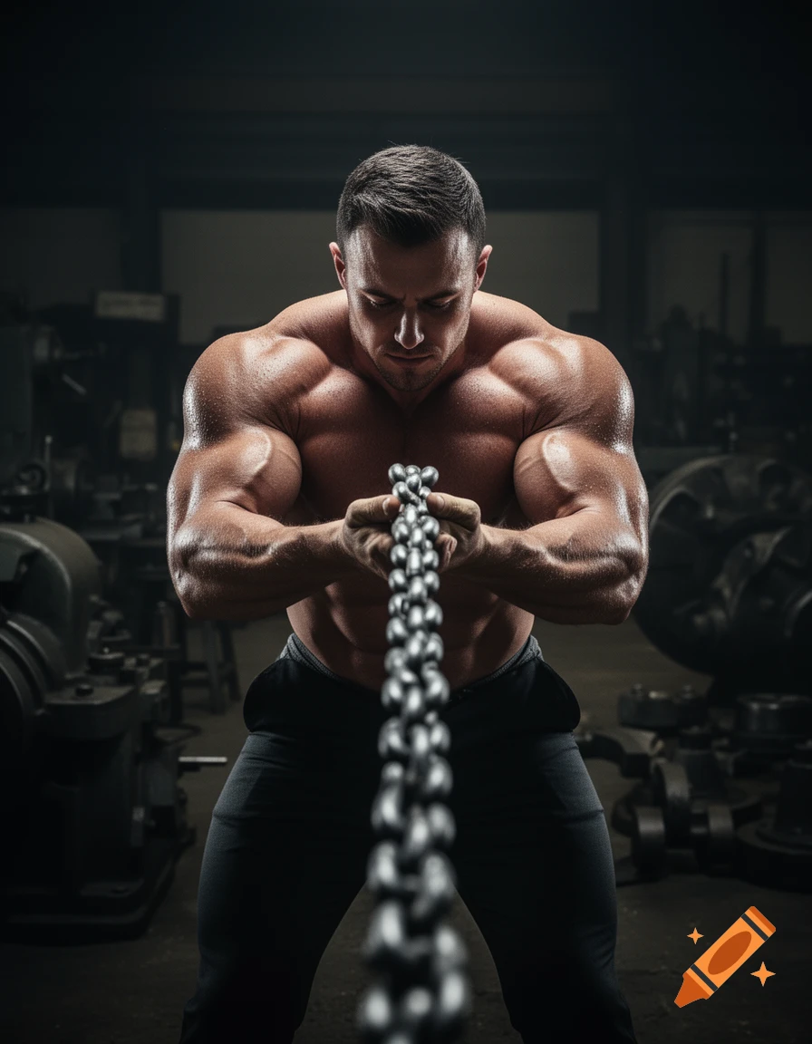 A muscular, shirtless man intensely pulls a heavy metal chain, looking down with a focused expression in a dimly lit gym.