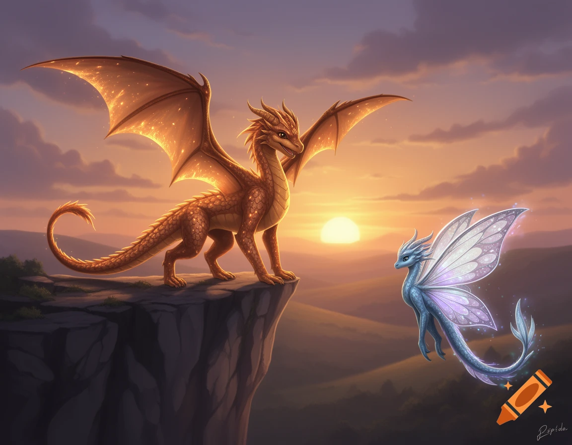 A large golden dragon with sparkling wings stands on a cliff, looking at a small blue fairy-dragon with butterfly wings in a sunset landscape.