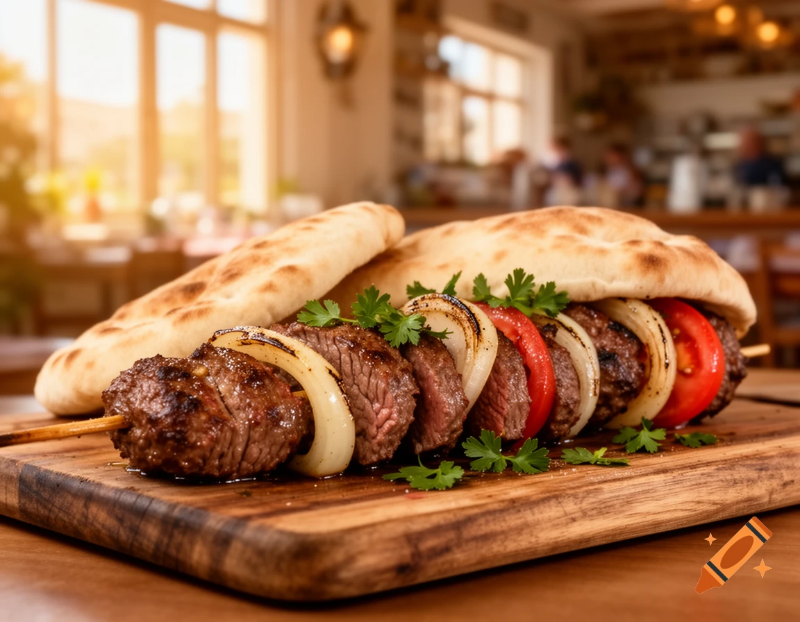 Photorealistic beef kebab with onions, tomatoes, and parsley on a skewer, served with flatbread on a wooden board in a restaurant.