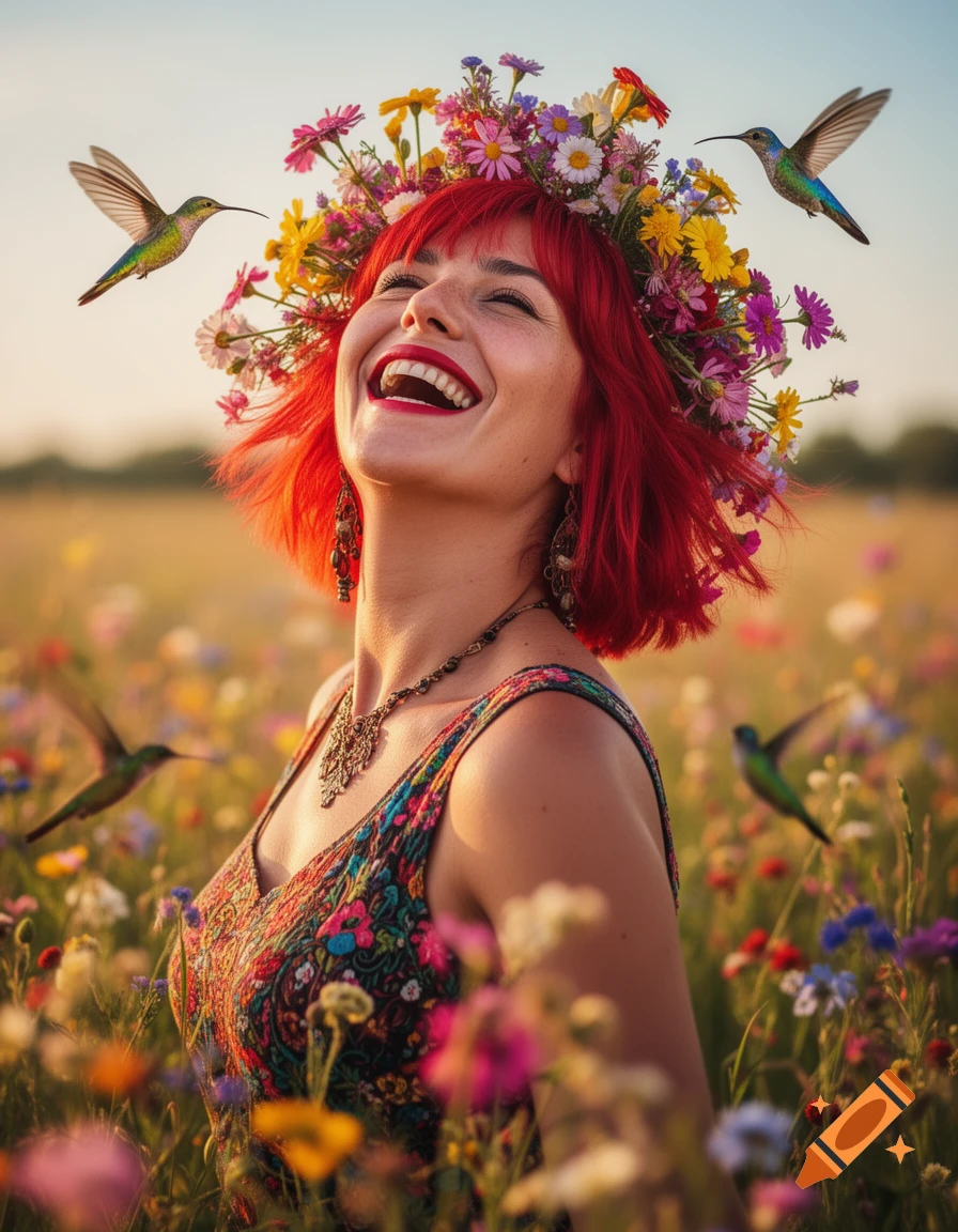 A vibrant close-up portrait of a red-haired woman with a flower crown, laughing in a sunlit field with hummingbirds flying around her.